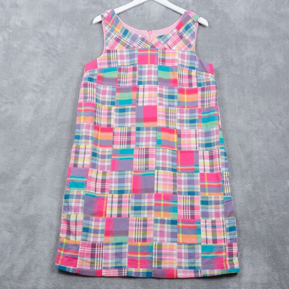TALBOTS Patchwork Madras Plaid Shift Dress Preppy Classic Coastal Pink Sz 10 - Picture 2 of 7